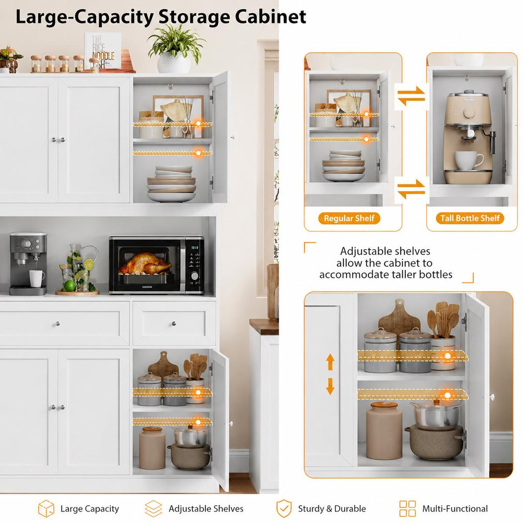 72" White Farmhouse Kitchen Pantry Cabinet Hutch, Microwave Stand, Storage Shelves