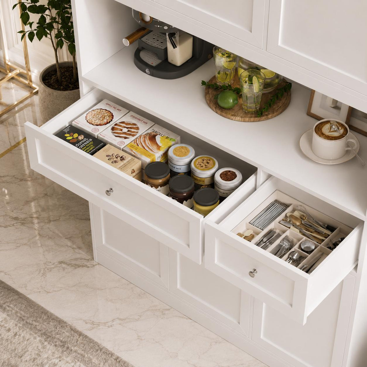 72" White Farmhouse Kitchen Pantry Cabinet Hutch, Microwave Stand, Storage Shelves