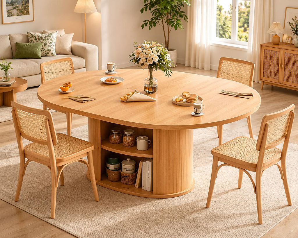 Wildhome 63" Extendable Round Dining Table for 2-6, Farmhouse Oval Table with 2-Tier Storage Shelf & Sliding Door, Oak