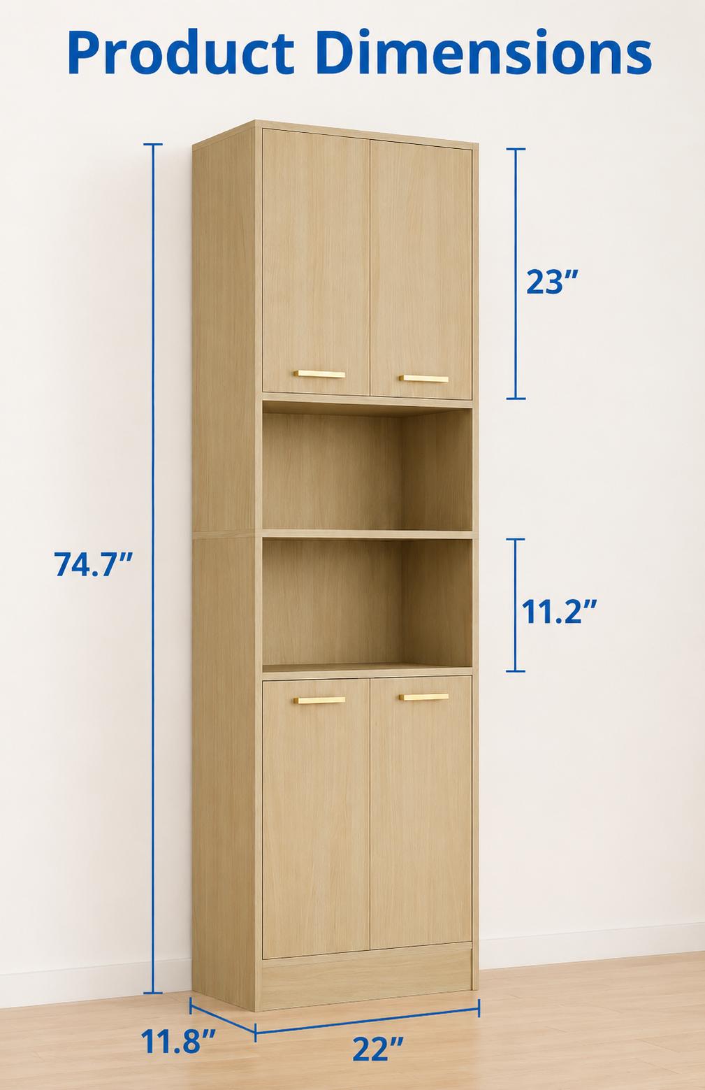 Cozy Castle 75" Tall Kitchen Pantry Cabinet, Wooden Storage Hutch with 4 Doors & Adjustable Shelves, Freestanding Utility Cupboard Kitchen,