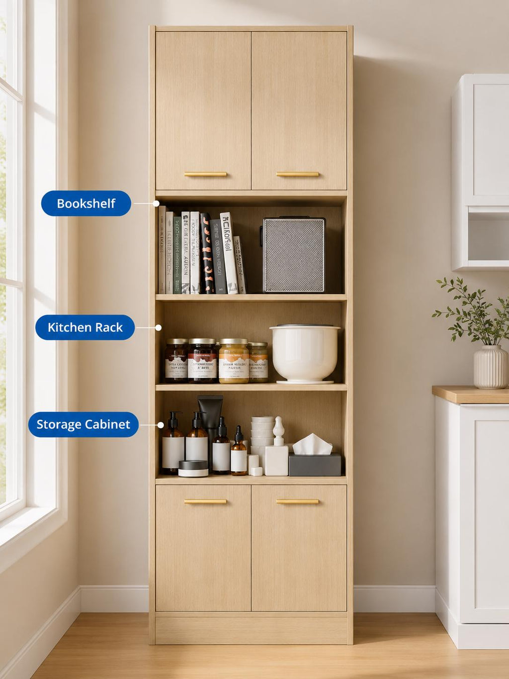 Cozy Castle 75" Tall Kitchen Pantry Cabinet, Wooden Storage Hutch with 4 Doors & Adjustable Shelves, Freestanding Utility Cupboard Kitchen,