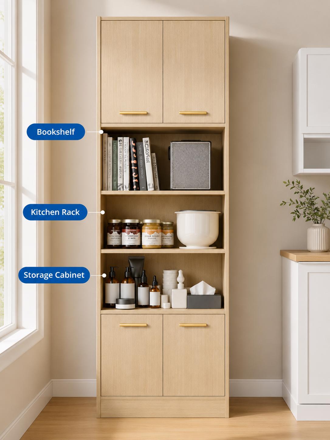 Cozy Castle 75" Tall Kitchen Pantry Cabinet, Wooden Storage Hutch with 4 Doors & Adjustable Shelves, Freestanding Utility Cupboard Kitchen,