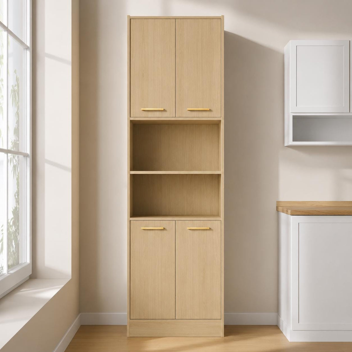 Cozy Castle 75" Tall Kitchen Pantry Cabinet, Wooden Storage Hutch with 4 Doors & Adjustable Shelves, Freestanding Utility Cupboard Kitchen,