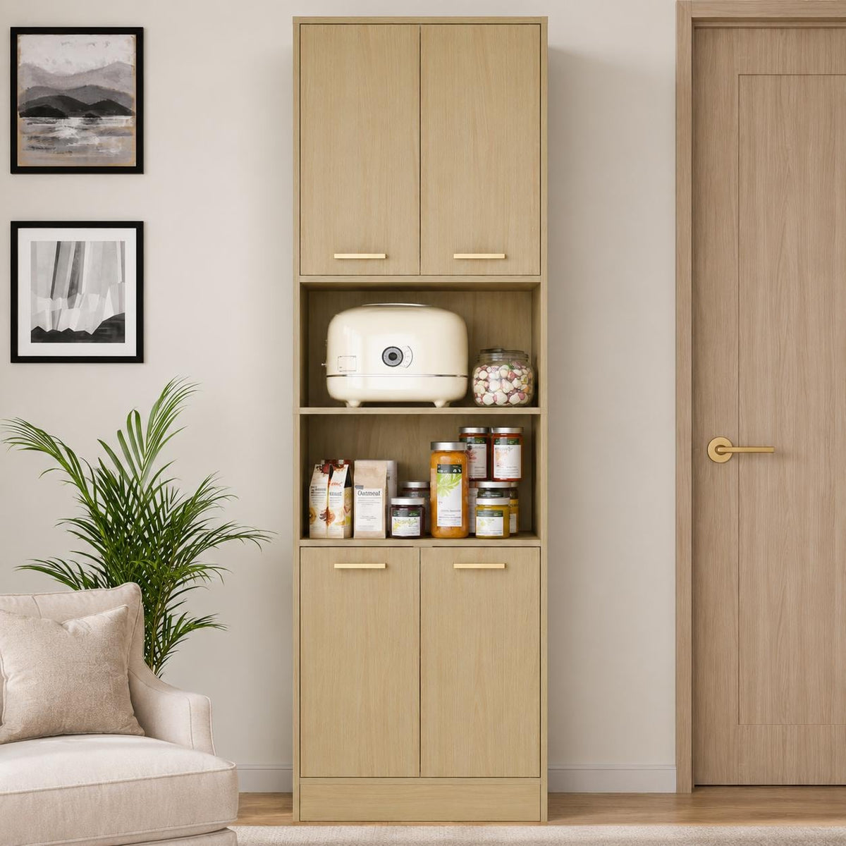 Cozy Castle 75" Tall Kitchen Pantry Cabinet, Wooden Storage Hutch with 4 Doors & Adjustable Shelves, Freestanding Utility Cupboard Kitchen,