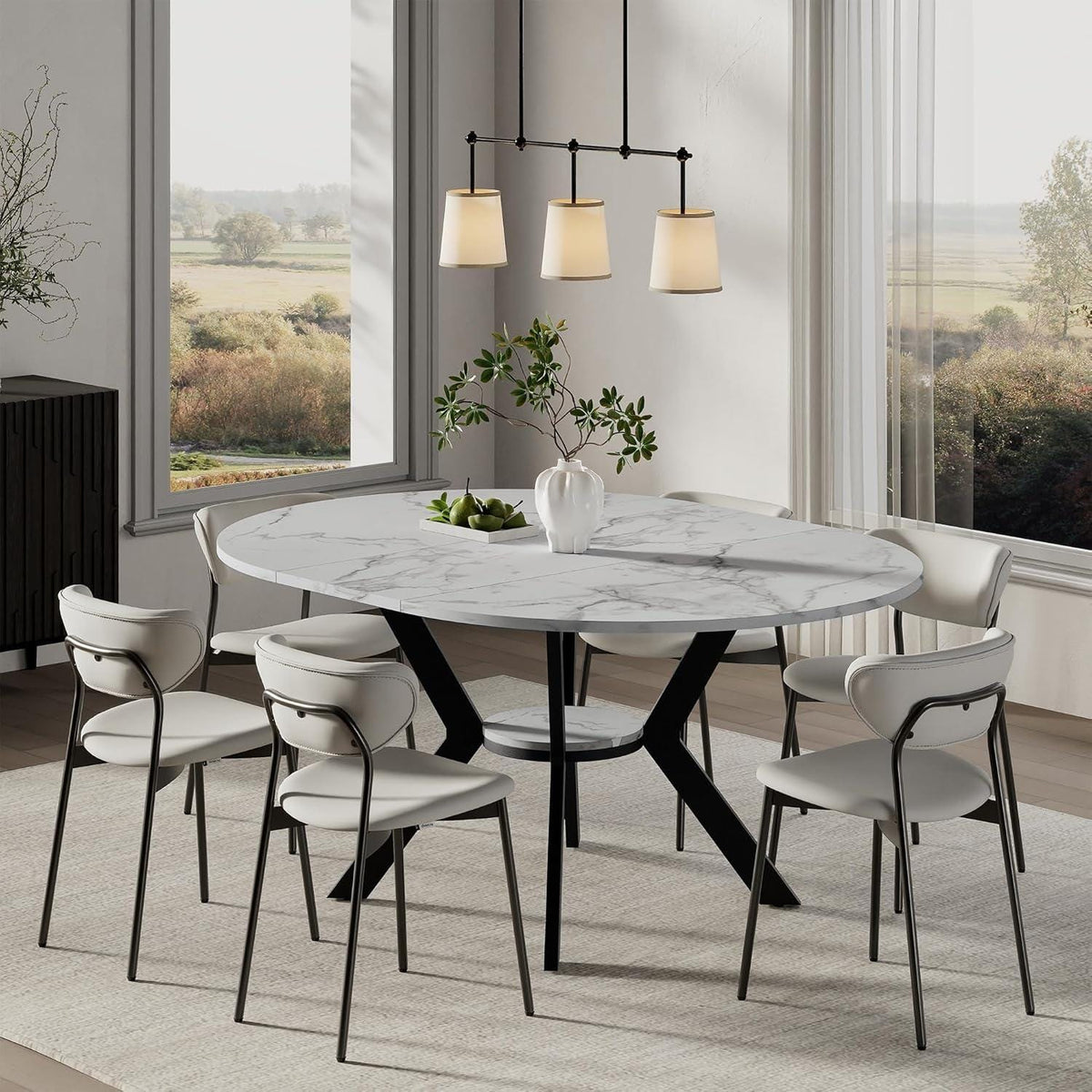 42"-58" Extendable Round Dining Table for 4-6, Oval Kitchen Table with Hidden Leaf, Storage Shelf & Metal Legs, Space-Saving Design