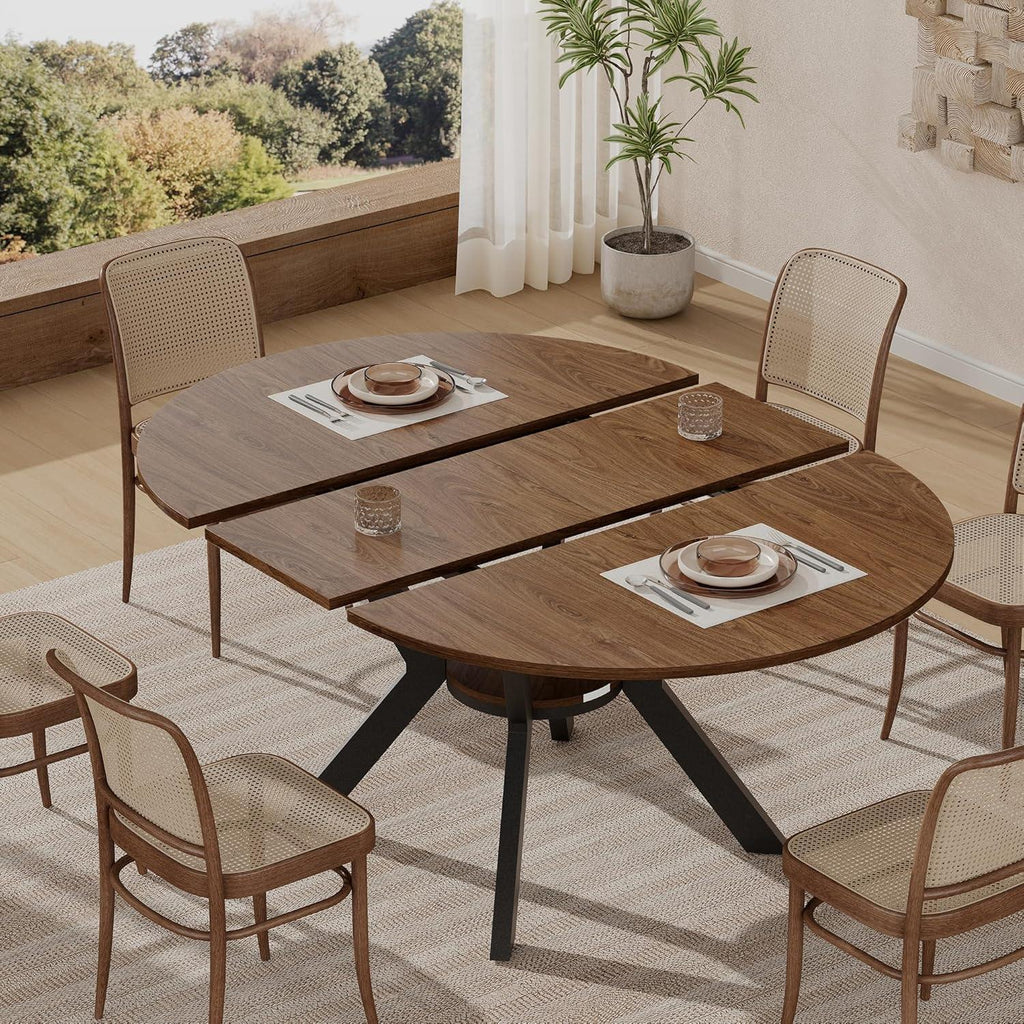 42"-58" Extendable Round Dining Table for 4-6, Oval Kitchen Table with Hidden Leaf, Storage Shelf & Metal Legs, Space-Saving Design