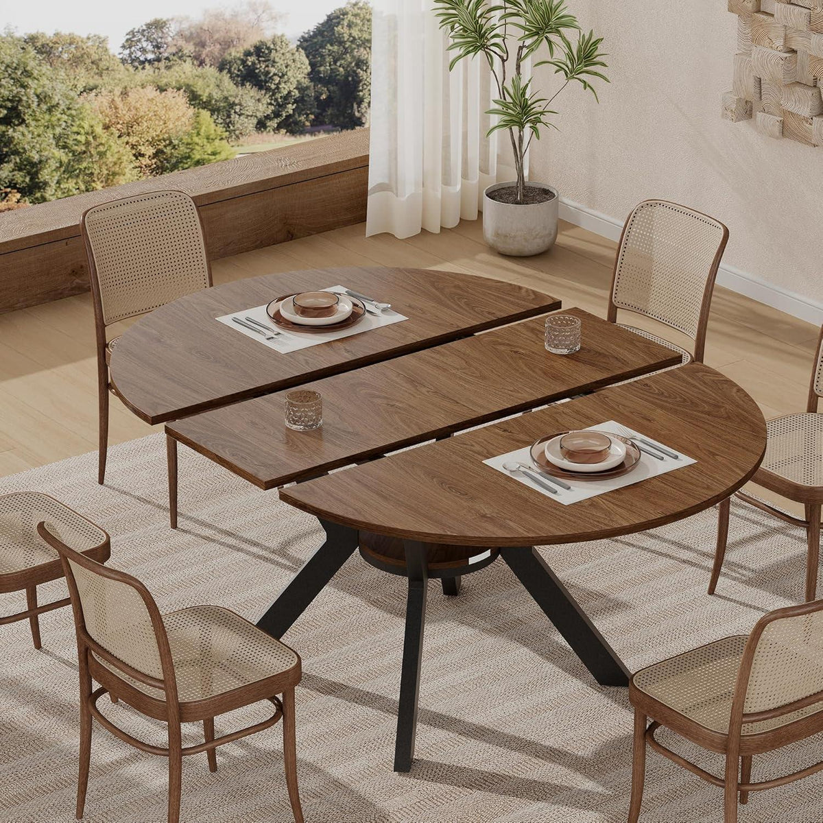 42"-58" Extendable Round Dining Table for 4-6, Oval Kitchen Table with Hidden Leaf, Storage Shelf & Metal Legs, Space-Saving Design