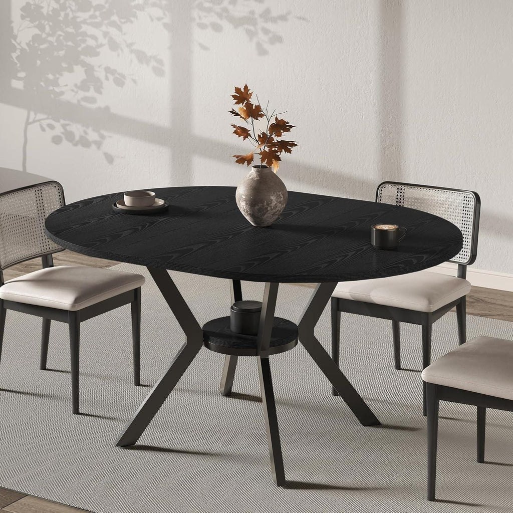 42"-58" Extendable Round Dining Table for 4-6, Oval Kitchen Table with Hidden Leaf, Storage Shelf & Metal Legs, Space-Saving Design