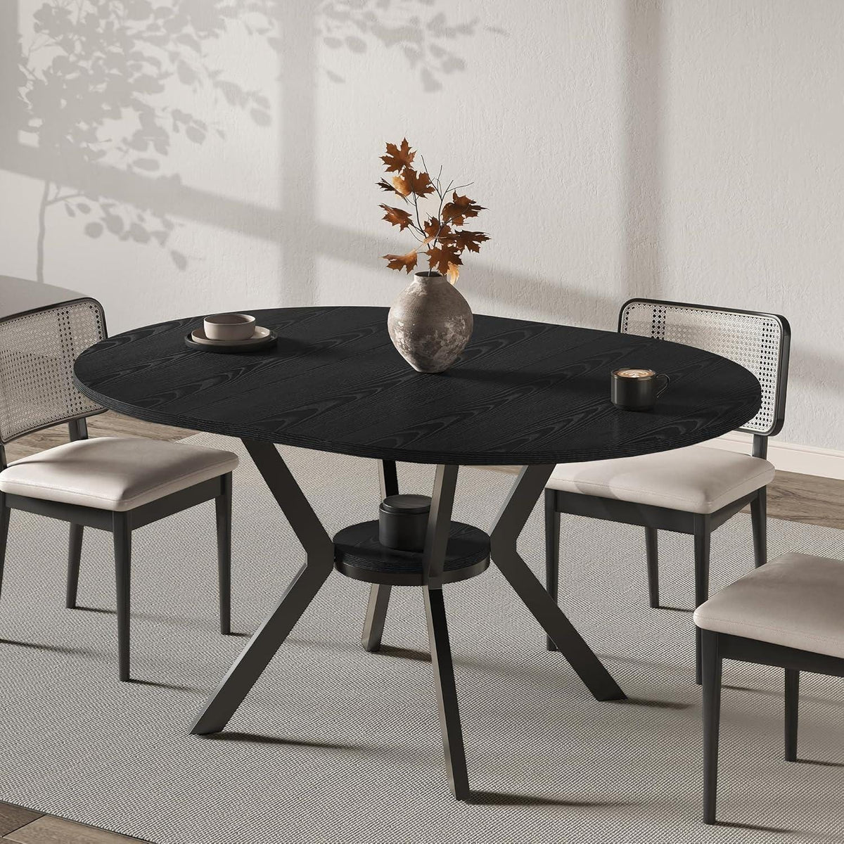 42"-58" Extendable Round Dining Table for 4-6, Oval Kitchen Table with Hidden Leaf, Storage Shelf & Metal Legs, Space-Saving Design