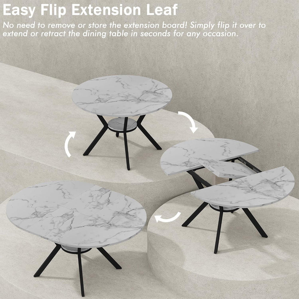 42"-58" Extendable Round Dining Table for 4-6, Oval Kitchen Table with Hidden Leaf, Storage Shelf & Metal Legs, Space-Saving Design