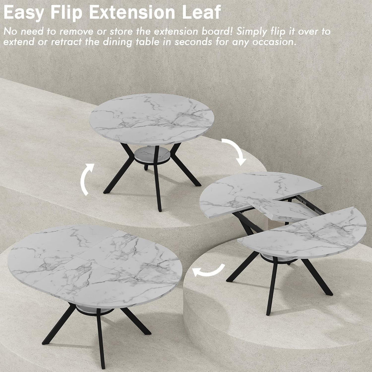 42"-58" Extendable Round Dining Table for 4-6, Oval Kitchen Table with Hidden Leaf, Storage Shelf & Metal Legs, Space-Saving Design