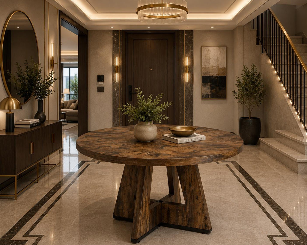 LITTLE TREE 47" Round Dining Table for 4–6 People, Wooden Pedestal Base Circle Kitchen Table, Brown Modern Dining Table for Kitchen,