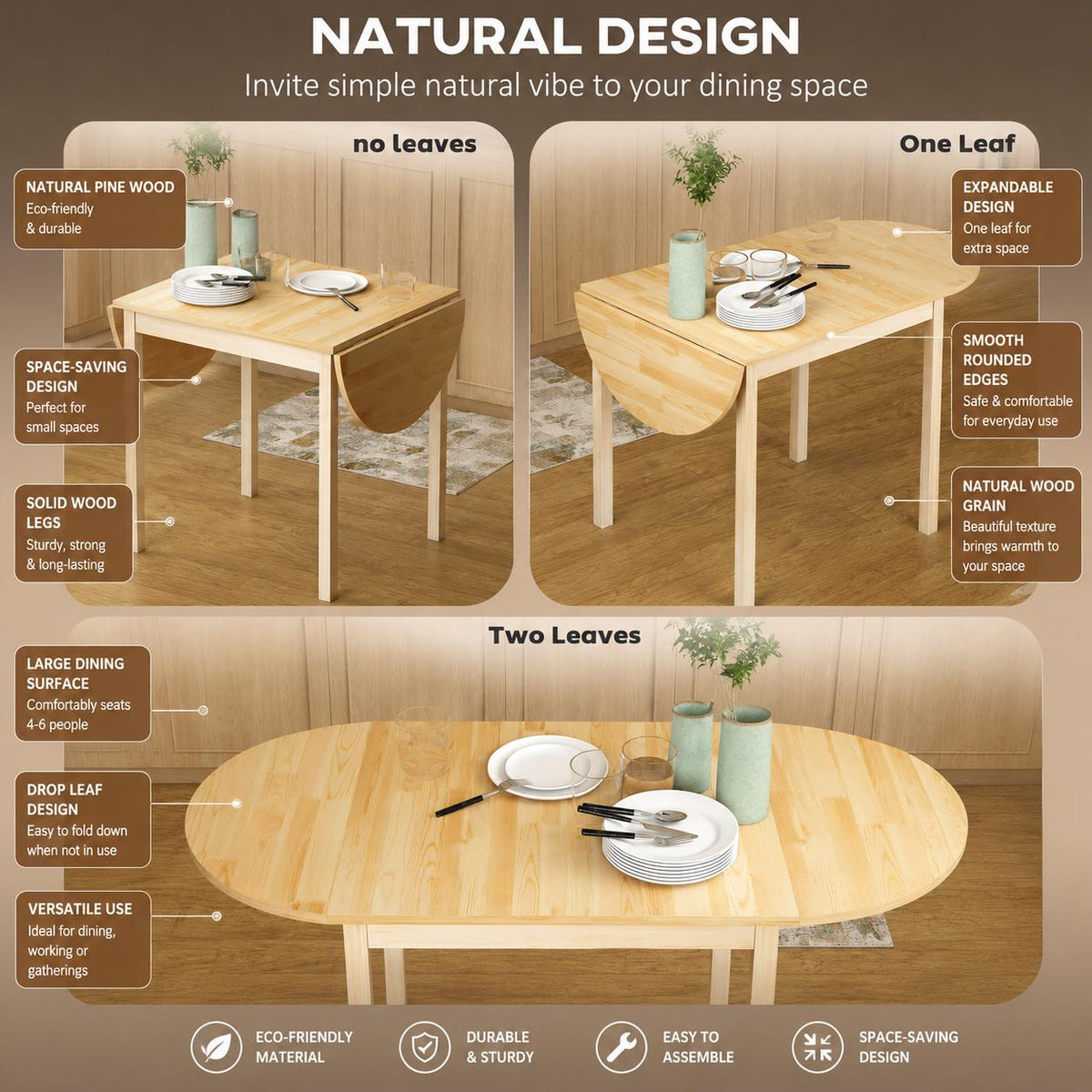 Solid Pine Drop Leaf Dining Table – Expandable Space Saving Kitchen Table for 4–6 People