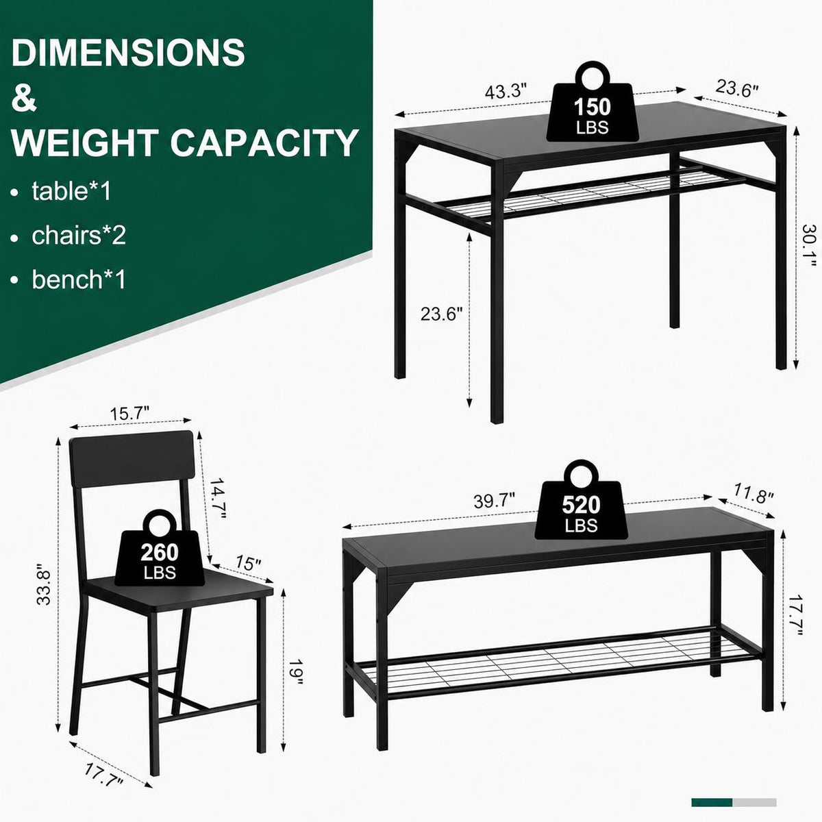 4-Piece Dining Set, Metal Frame Table with Bench and Chairs, Storage Rack