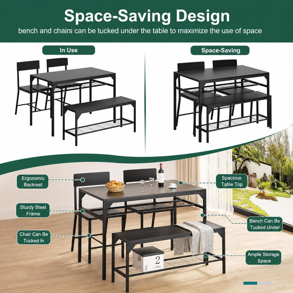 4-Piece Dining Set, Metal Frame Table with Bench and Chairs, Storage Rack