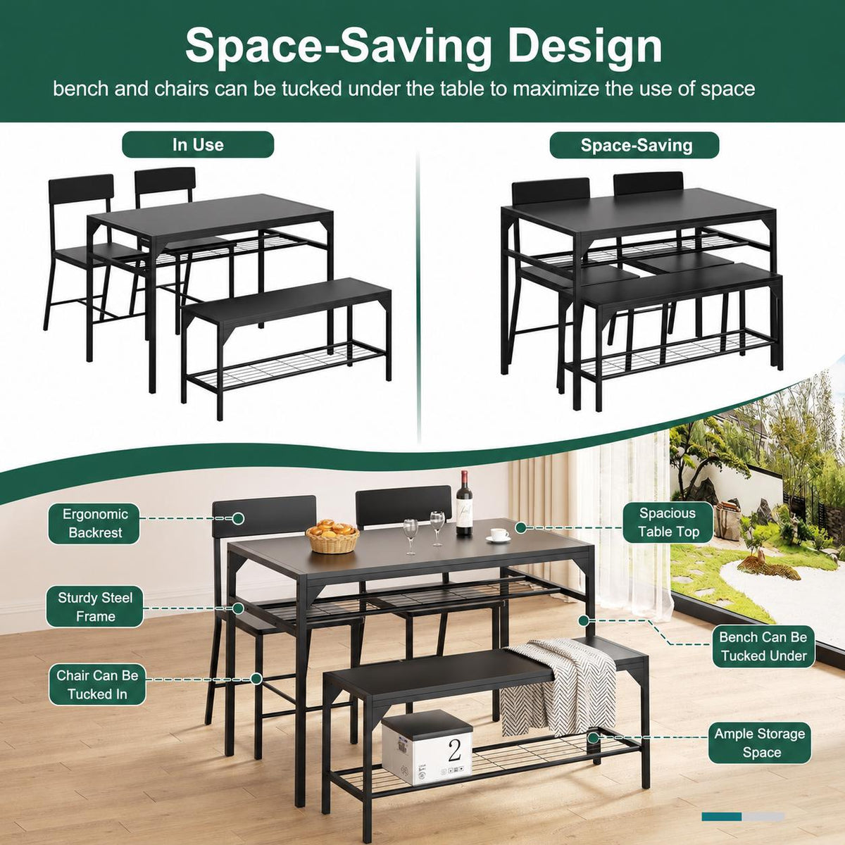 4-Piece Dining Set, Metal Frame Table with Bench and Chairs, Storage Rack