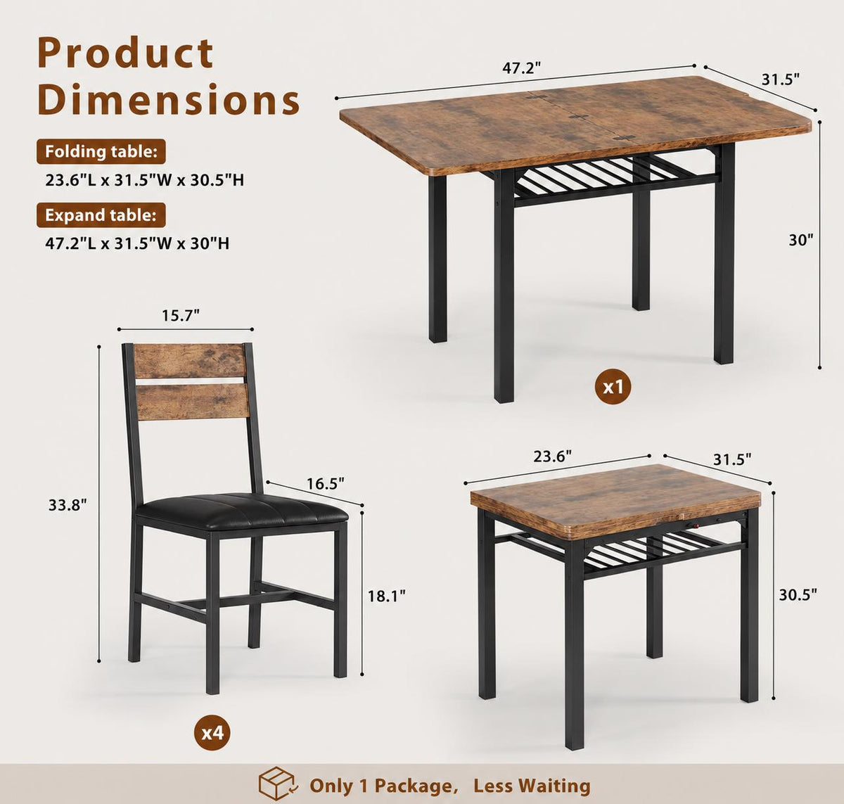 MapleGrace Extendable Dining Table for 4 with 4 PU Leather Chairs, Wood Kitchen Table with Storage Rack, Rustic Brown Space-Saving Dining