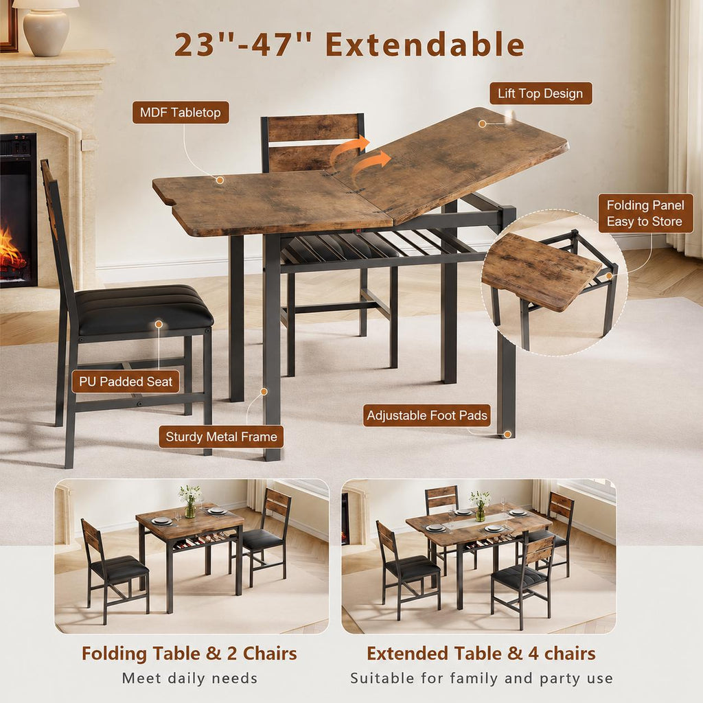MapleGrace Extendable Dining Table for 4 with 4 PU Leather Chairs, Wood Kitchen Table with Storage Rack, Rustic Brown Space-Saving Dining
