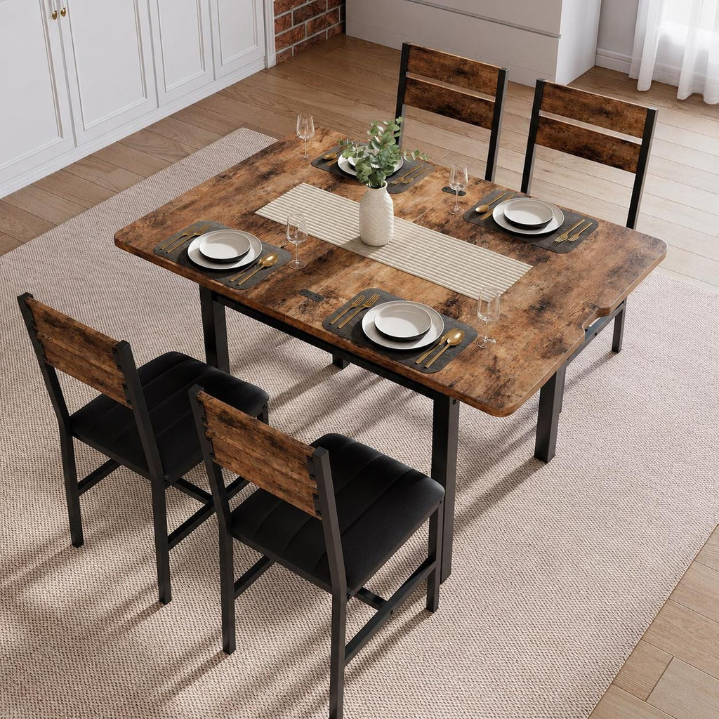 MapleGrace Extendable Dining Table for 4 with 4 PU Leather Chairs, Wood Kitchen Table with Storage Rack, Rustic Brown Space-Saving Dining