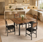 MapleGrace Extendable Dining Table for 4 with 4 PU Leather Chairs, Wood Kitchen Table with Storage Rack, Rustic Brown Space-Saving Dining