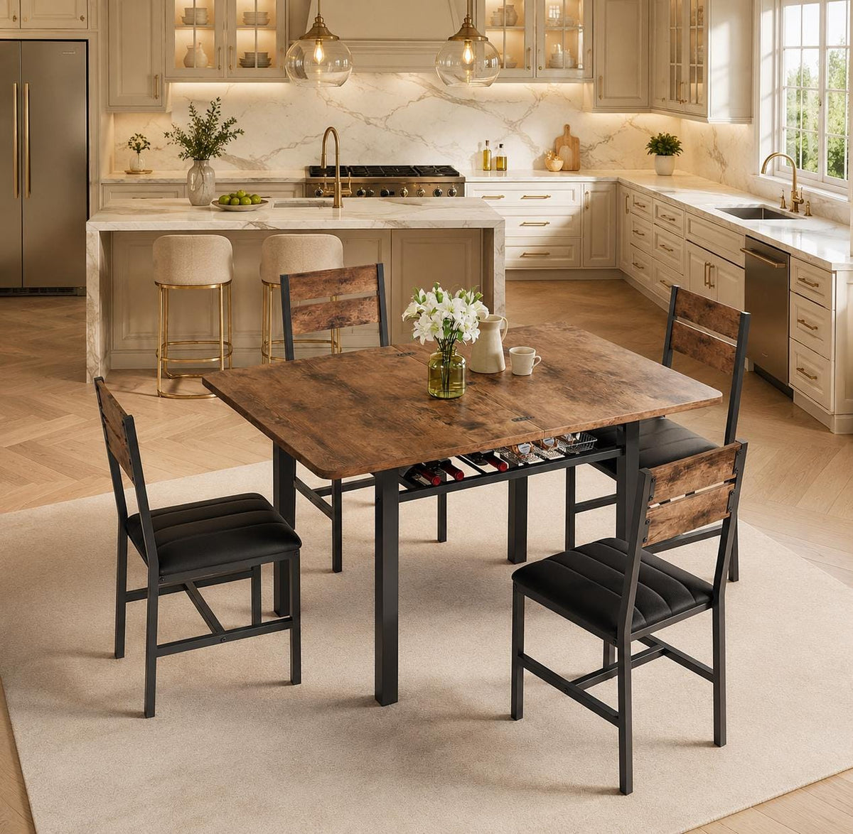 MapleGrace Extendable Dining Table for 4 with 4 PU Leather Chairs, Wood Kitchen Table with Storage Rack, Rustic Brown Space-Saving Dining