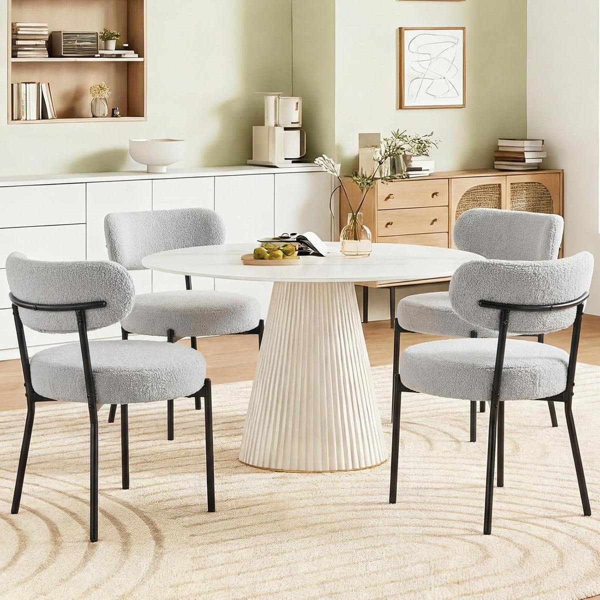 DUMOS Set of 4 Dining Chairs, Mid Century Modern Upholstered Boucle Chairs with Curved Backrest, Black Metal Legs Kitchen & Living Room