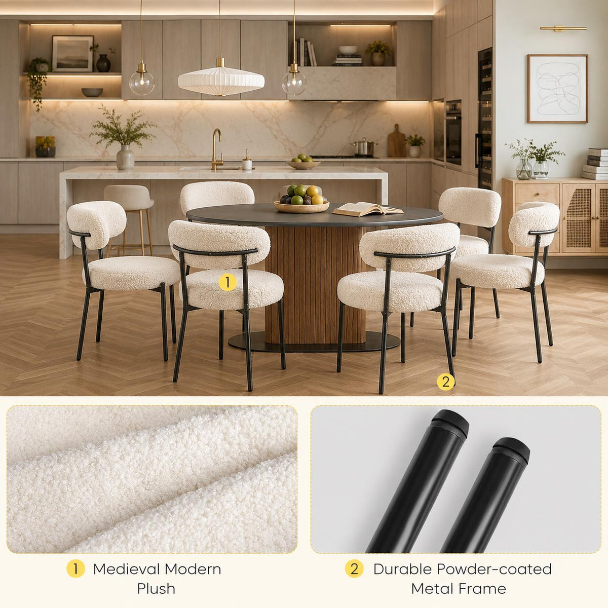DUMOS Set of 4 Dining Chairs, Mid Century Modern Upholstered Boucle Chairs with Curved Backrest, Black Metal Legs Kitchen & Living Room