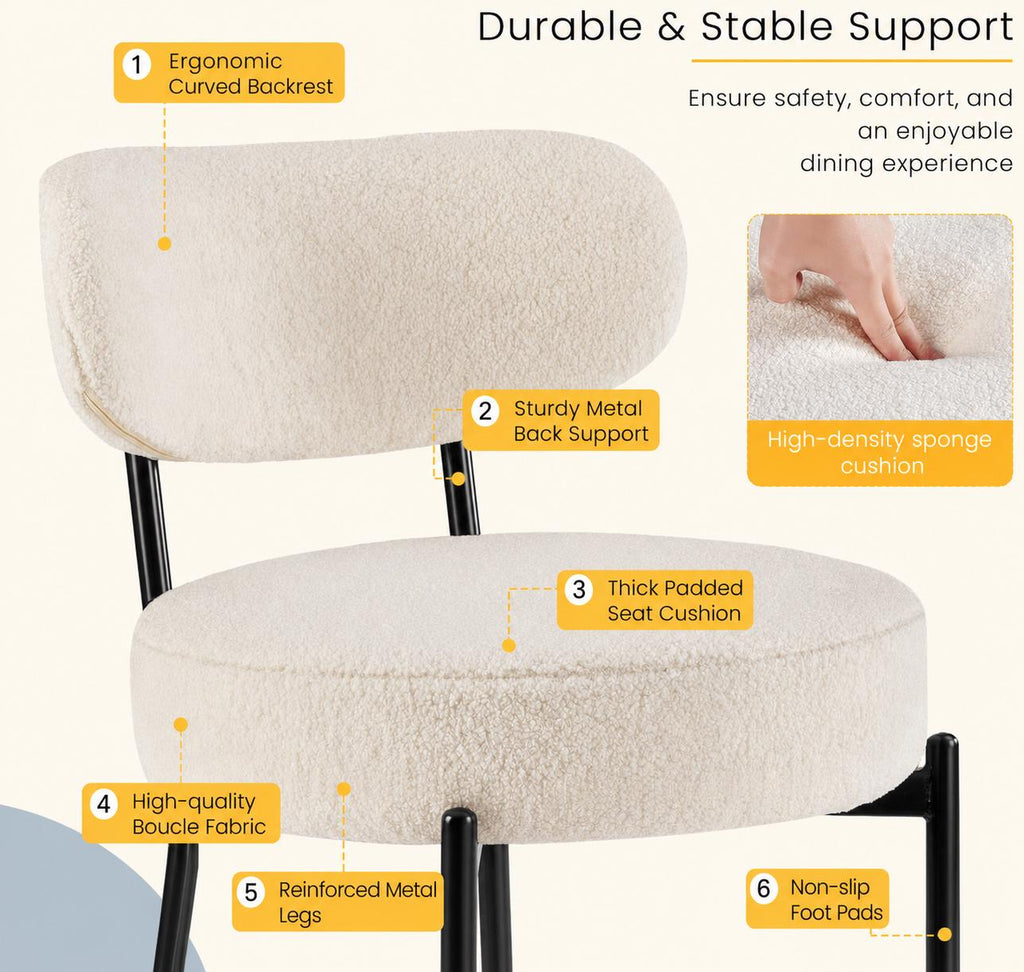 DUMOS Set of 4 Dining Chairs, Mid Century Modern Upholstered Boucle Chairs with Curved Backrest, Black Metal Legs Kitchen & Living Room
