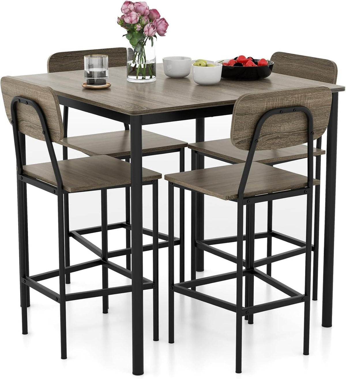 Giantex 5-Piece Counter Height Dining Table Set with 4 Bar Stools, Industrial Kitchen Dinette Set, Space Saving Dining Furniture
