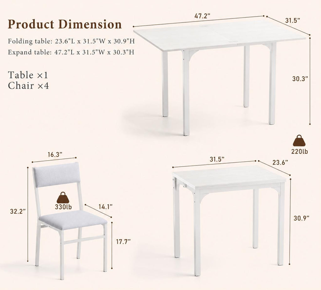 HUAHUU 5-Piece Extendable Dining Table Set for 4, Foldable Kitchen Table with 4 Upholstered Cushion Chairs, Rectangle Dining Set