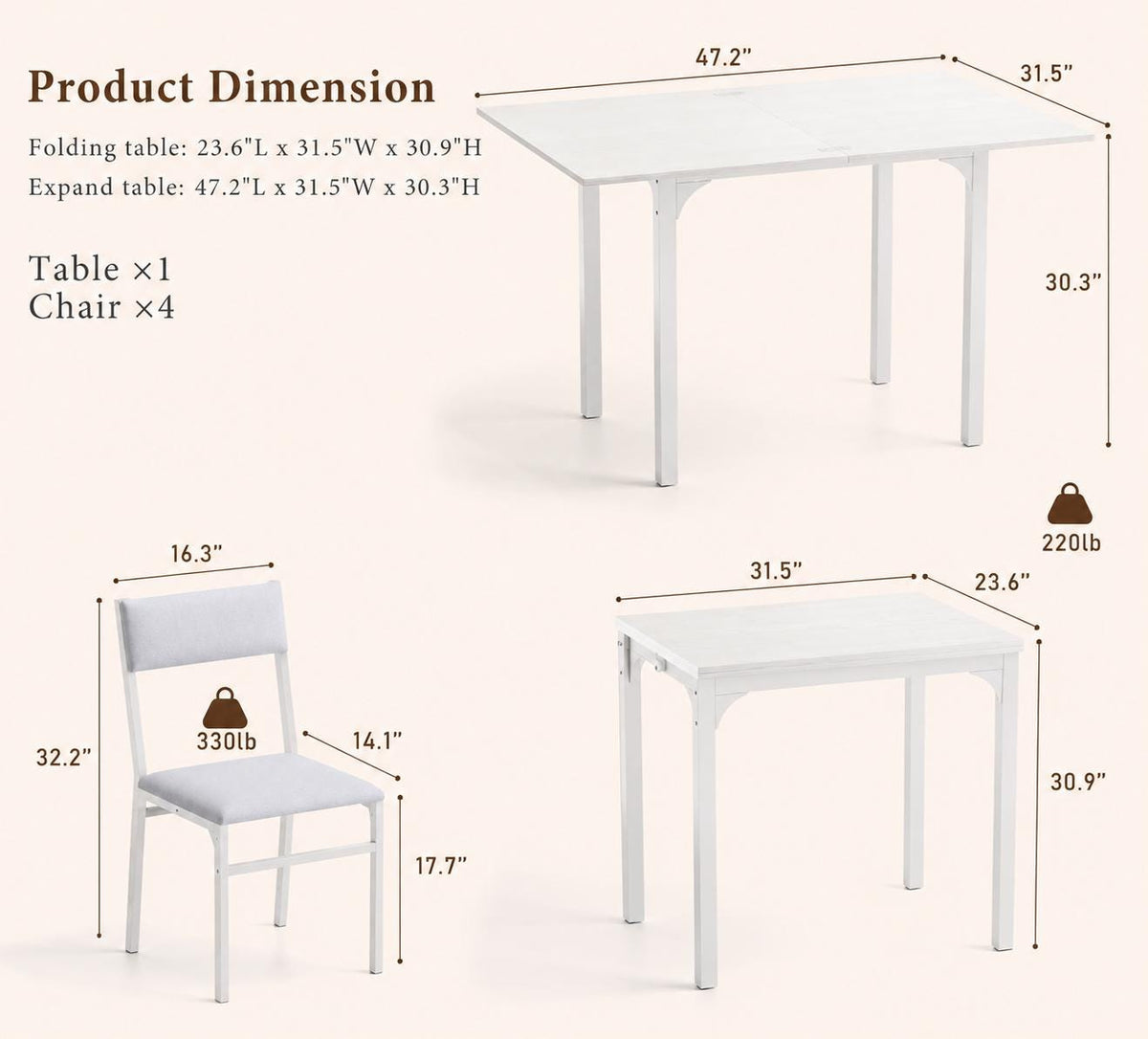 HUAHUU 5-Piece Extendable Dining Table Set for 4, Foldable Kitchen Table with 4 Upholstered Cushion Chairs, Rectangle Dining Set