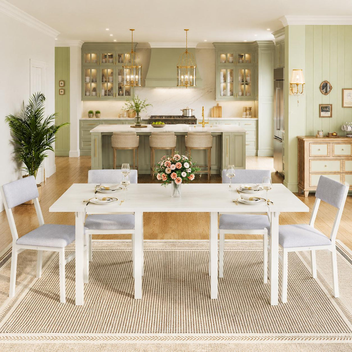 HUAHUU 5-Piece Extendable Dining Table Set for 4, Foldable Kitchen Table with 4 Upholstered Cushion Chairs, Rectangle Dining Set
