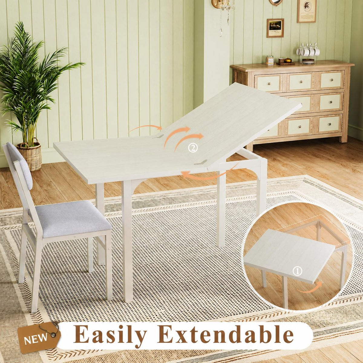 HUAHUU 5-Piece Extendable Dining Table Set for 4, Foldable Kitchen Table with 4 Upholstered Cushion Chairs, Rectangle Dining Set