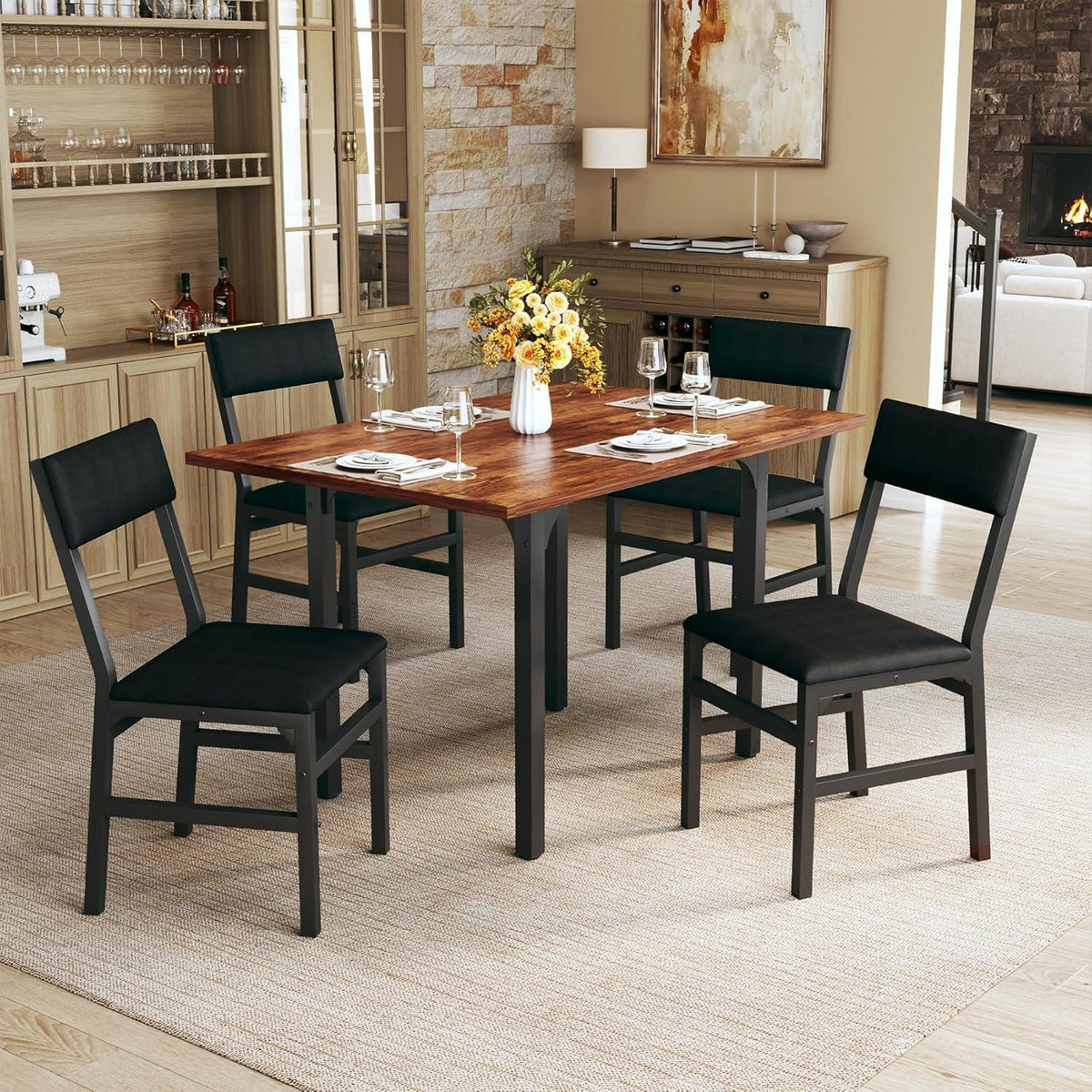 HUAHUU 5-Piece Extendable Dining Table Set for 4, Foldable Kitchen Table with 4 Upholstered Cushion Chairs, Rectangle Dining Set