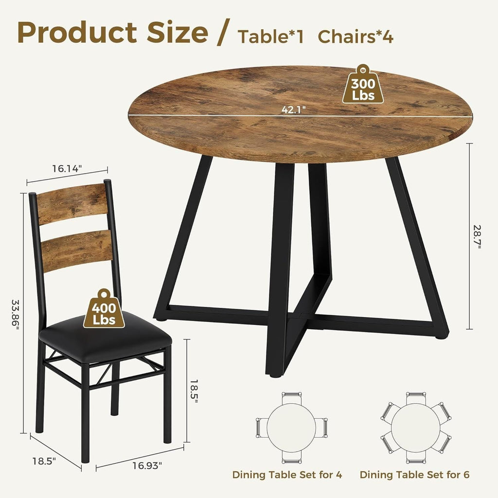 Garvee Round Dining Table Set – 5 Piece Rustic Brown Kitchen Furniture