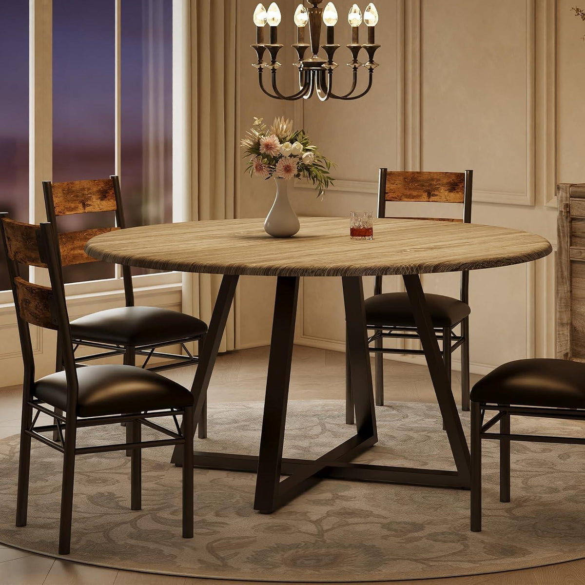 Garvee Round Dining Table Set – 5 Piece Rustic Brown Kitchen Furniture