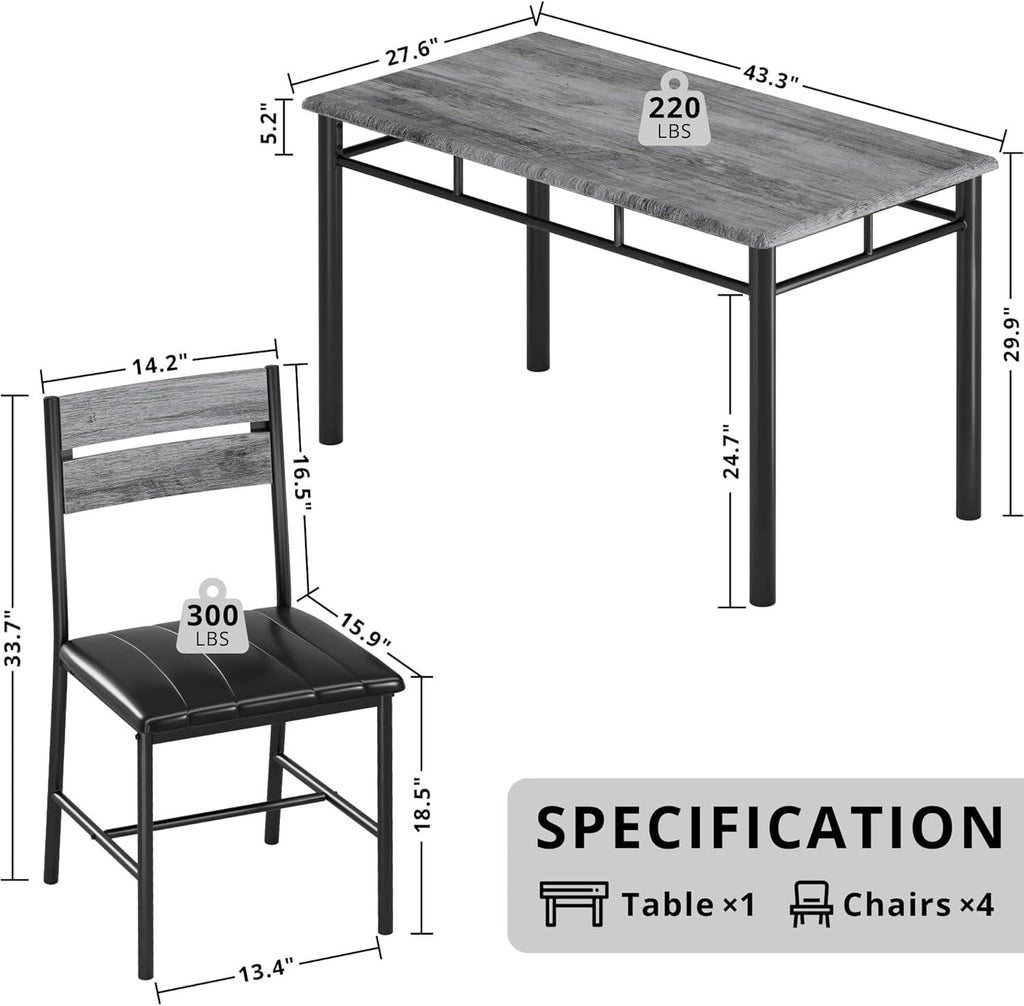 IRONCK Dining Table Set for 4 – Grey Wood Kitchen Table & Upholstered Chairs, 5 Piece Space Saving Dining Set, Industrial Style Small Spaces