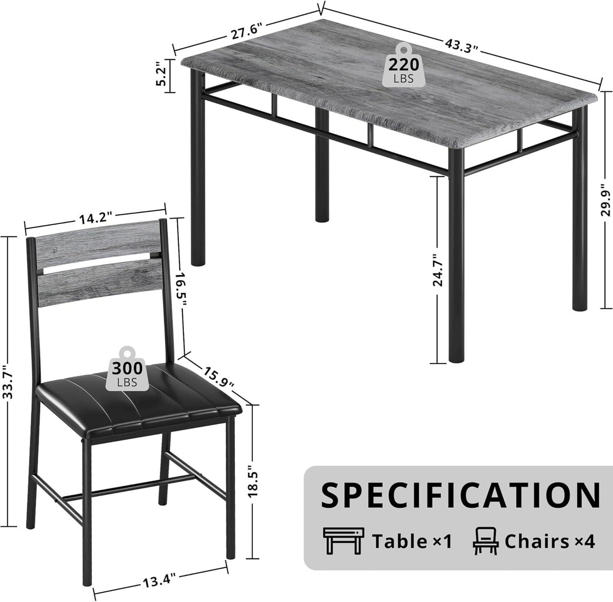 IRONCK Dining Table Set for 4 – Grey Wood Kitchen Table & Upholstered Chairs, 5 Piece Space Saving Dining Set, Industrial Style Small Spaces