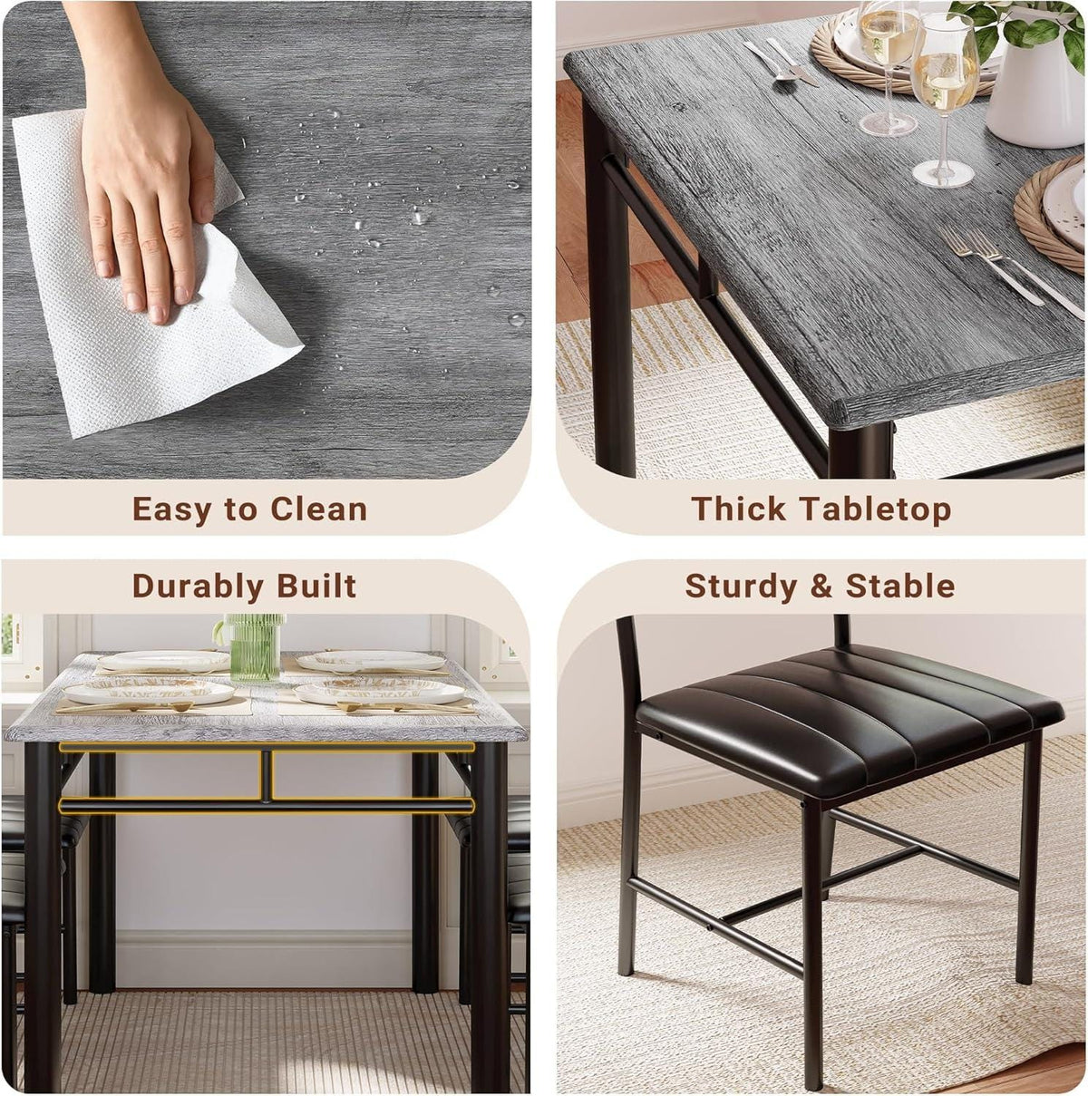 IRONCK Dining Table Set for 4 – Grey Wood Kitchen Table & Upholstered Chairs, 5 Piece Space Saving Dining Set, Industrial Style Small Spaces