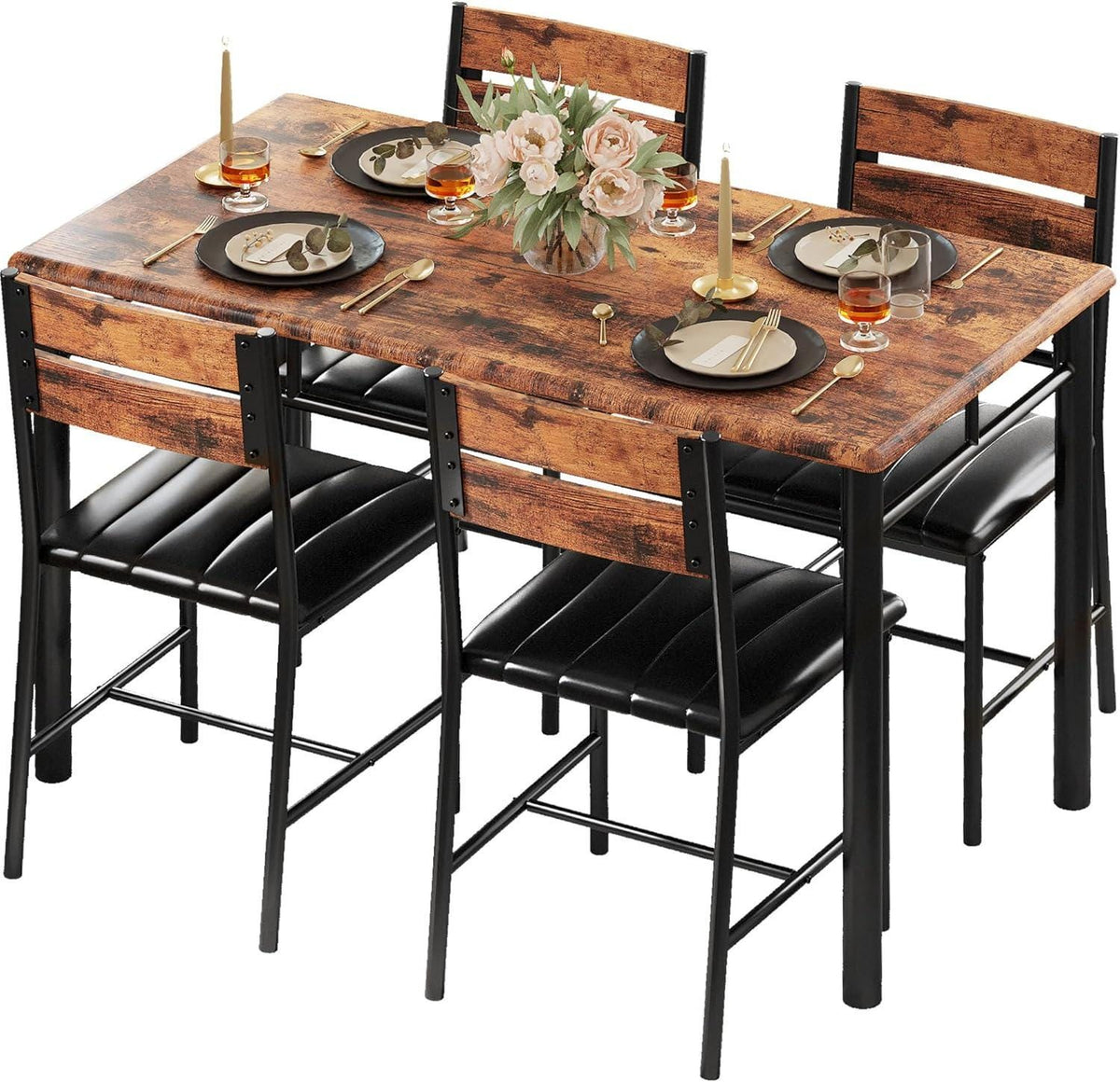 IRONCK Dining Table Set for 4 – Grey Wood Kitchen Table & Upholstered Chairs, 5 Piece Space Saving Dining Set, Industrial Style Small Spaces
