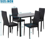 FDW 5-Piece Glass Dining Table Set for 4, Modern Black Kitchen Table 4 Upholstered Faux Leather Chairs, Space-Saving Dining Room Furniture,