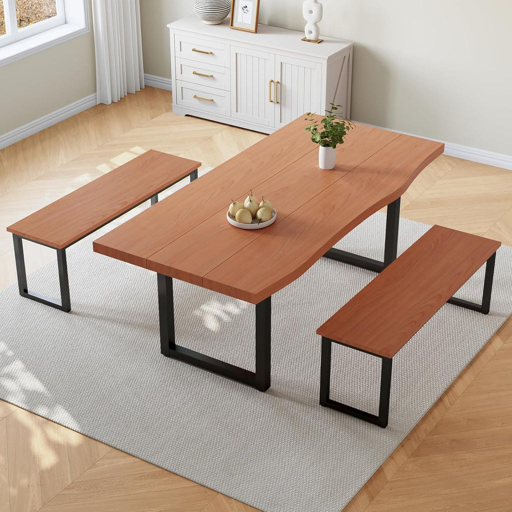 Modern Dining Table Set with 2 Benches, Seats 4-6, 63" Rectangular Kitchen Table
