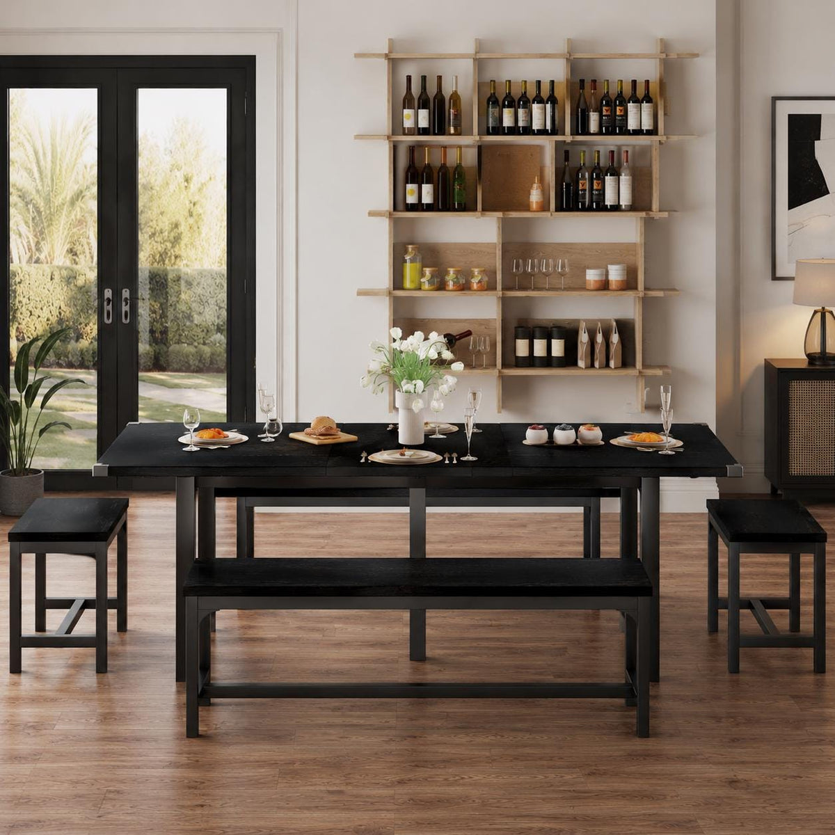 Extendable Dining Table Set for 4-8, 5-Piece Black MDF Wood Kitchen Furniture