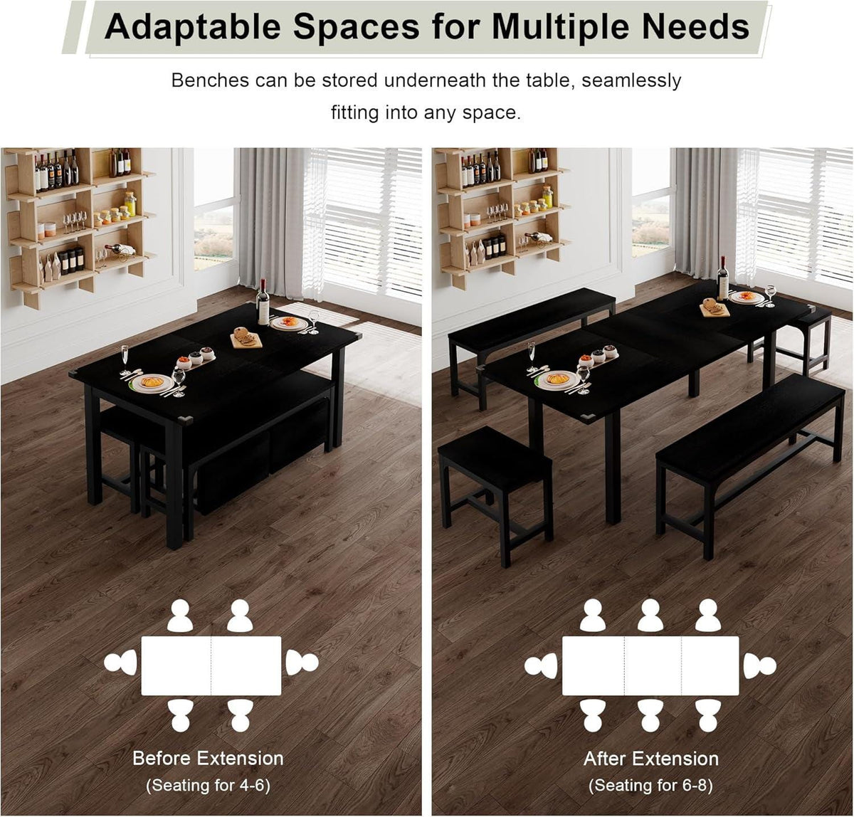 Extendable Dining Table Set for 4-8, 5-Piece Black MDF Wood Kitchen Furniture