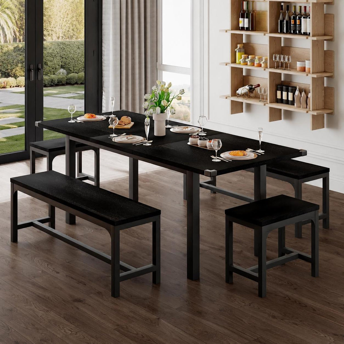 Extendable Dining Table Set for 4-8, 5-Piece Black MDF Wood Kitchen Furniture