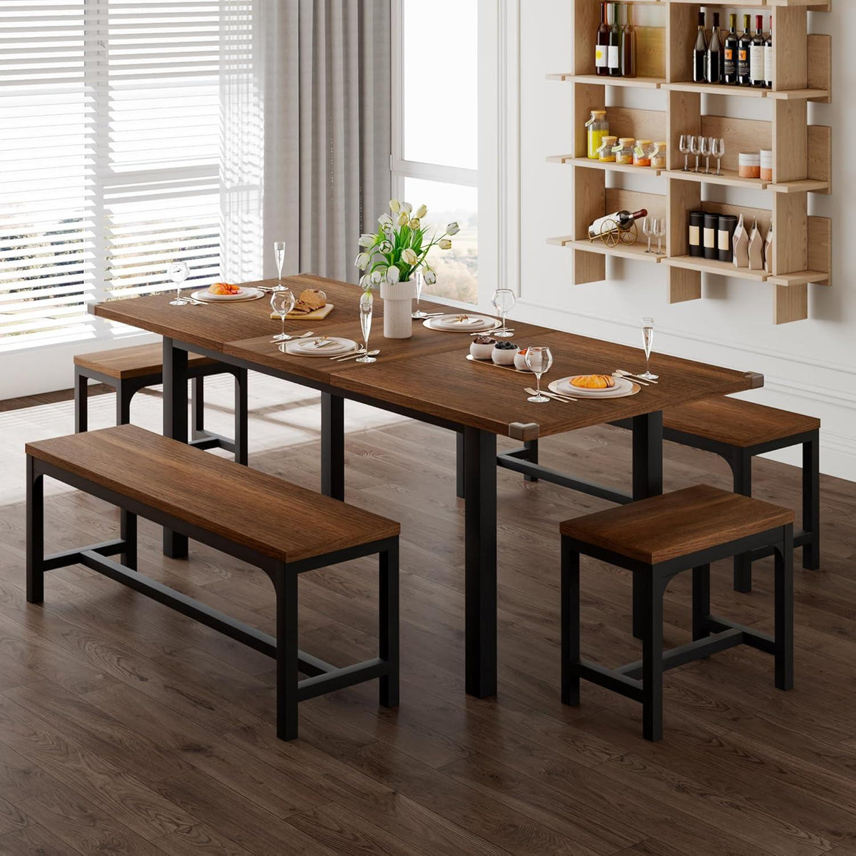 Extendable Dining Table Set for 4-8, 5-Piece Black MDF Wood Kitchen Furniture