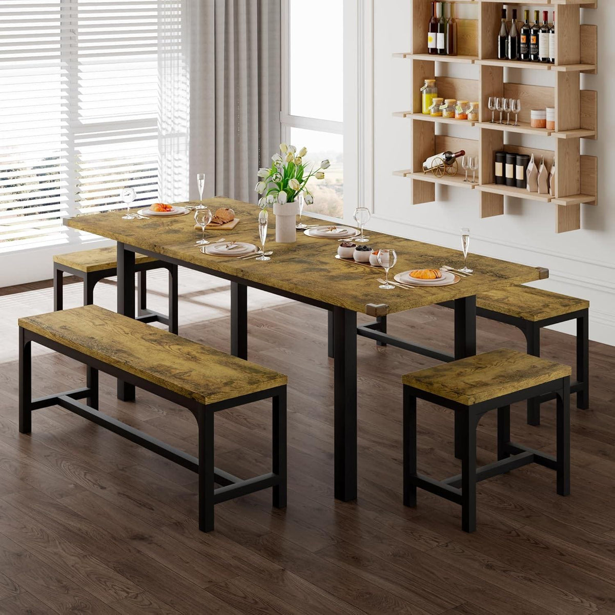 Extendable Dining Table Set for 4-8, 5-Piece Black MDF Wood Kitchen Furniture