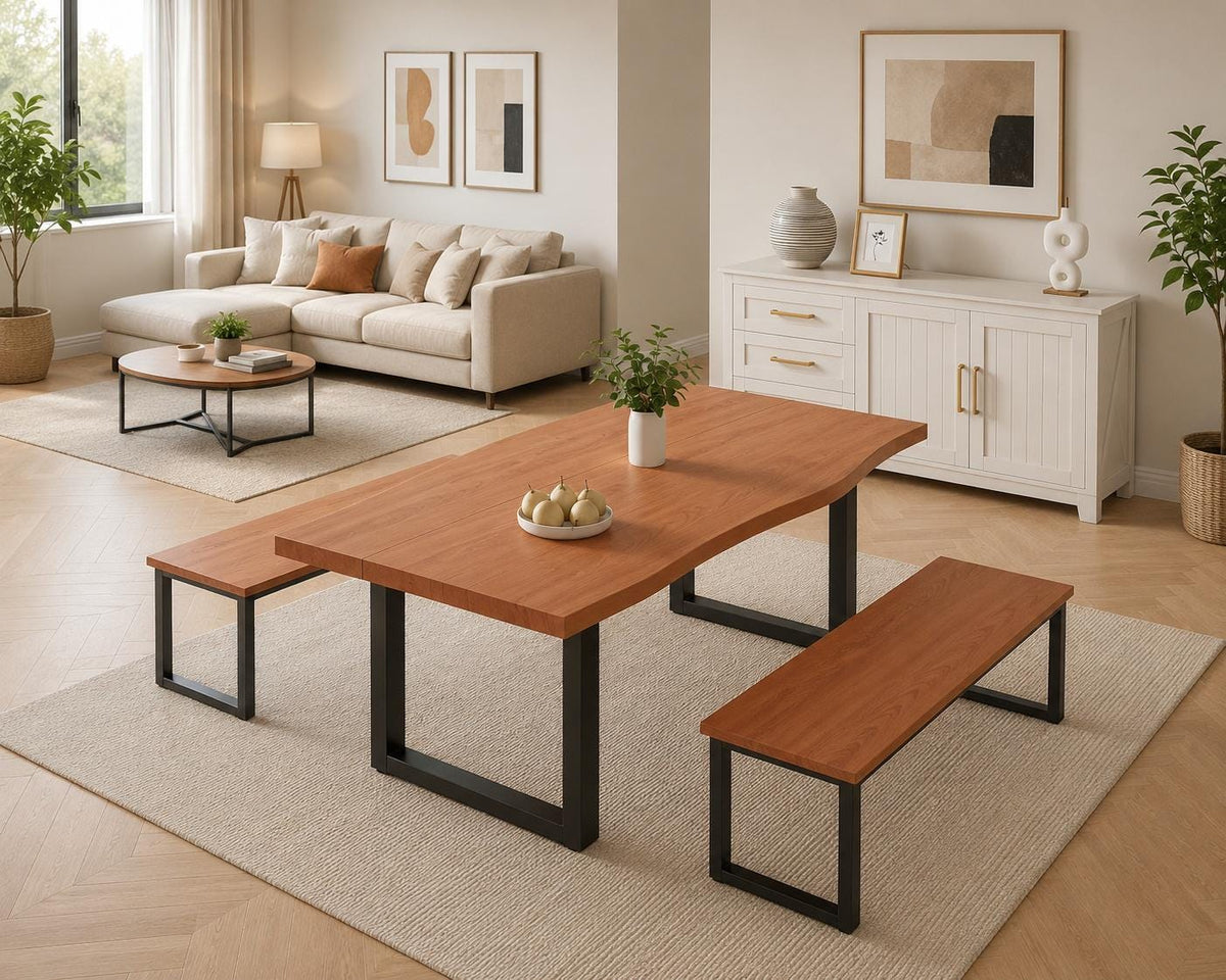 Modern Dining Table Set with 2 Benches, Seats 4-6, 63" Rectangular Kitchen Table
