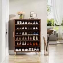 Walnut Shoe Cabinet with Doors, 6 Tier Shoe Storage Organizer, Entryway Shoe Rack Cabinet, Adjustable Shelves, Wooden Shoe Cabinet Hallway