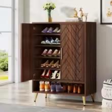 Walnut Shoe Cabinet with Doors, 6 Tier Shoe Storage Organizer, Entryway Shoe Rack Cabinet, Adjustable Shelves, Wooden Shoe Cabinet Hallway